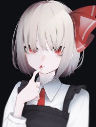 Rule 34 | 1girl, bad id, bad twitter id, black background, black dress, blonde hair, closed mouth, collared shirt, dress, fingernails, hair ornament, long sleeves, looking at viewer, migihidari (puwako), nail polish, necktie, pinafore dress, red eyes, red nails, red necktie, rumia, shirt, short hair, simple background, sleeveless dress, solo, touhou, upper body, white shirt, wing collar