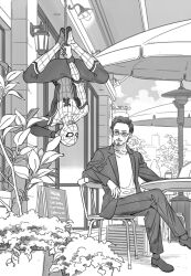 Rule 34 | 2boys, animal print, animification, arm up, bodysuit, branch, building, bush, cafe, chair, city, closed mouth, cloud, cloudy sky, coffee cup, collarbone, collared jacket, crossed legs, cup, disposable cup, facial hair, greyscale, jacket, lamp, leaf, long sleeves, looking at another, male focus, marvel, marvel cinematic universe, monochrome, multiple boys, open clothes, open jacket, outdoors, pants, plant, shirt, shoes, short hair, silk, sitting, sky, skyscraper, socks, spider-man, spider print, spider web, spider web print, suitcase, sunglasses, superhero costume, sweatdrop, t-shirt, table, tony stark, two-tone bodysuit, umbrella, upside-down, web shooter, yukko93