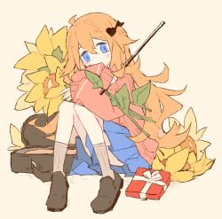Rule 34 | 1girl, ahoge, blue eyes, blue skirt, blush, bow (music), box, brown footwear, commentary, covered mouth, english commentary, flower, fortissimo, gift, gift box, hair between eyes, hair ornament, holding, holding bow (music), holding flower, knees together feet apart, leaning to the side, loafers, long hair, long sleeves, looking at viewer, melanbread, musical note, musical note hair ornament, hugging object, orange background, orange hair, original, pleated skirt, red sweater, shoes, simple background, sitting, skirt, sleeves past wrists, socks, solo, sunflower, sunflower girl (melanbread), sweater, tareme, valentine, violin case