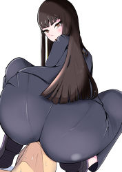 Rule 34 | 1boy, 1girl, absurdres, ass, black hair, blunt bangs, blush, brown eyes, girls und panzer, highres, huge ass, long hair, looking back, mature female, nishizumi shiho, pants, pantylines, pixiv65035086, shoes, sitting, sitting on face, sitting on person, sweat, tight clothes, tight pants, white background
