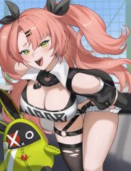 1girl amillion_(zenless_zone_zero) bangboo_(zenless_zone_zero) bare_shoulders black_shorts black_thighhighs blurry blurry_background blush breasts clothing_cutout commentary cross cross_necklace green_eyes hair_ornament hands_on_own_hips hanu_(akdz8282) highres jewelry large_breasts leaning_forward long_hair looking_at_viewer mole mole_on_breast mole_on_thigh necklace nicole_demara o-ring o-ring_thigh_strap open_mouth pink_hair shirt shorts shoulder_cutout single_thighhigh smile thigh_strap thighhighs thighs torn_clothes torn_thighhighs two_side_up white_shirt zenless_zone_zero