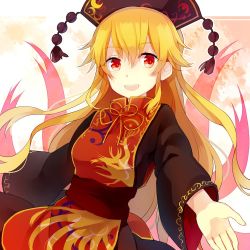 Rule 34 | 1girl, bad id, bad twitter id, black dress, blonde hair, chinese clothes, dress, hat, junko (touhou), long hair, long sleeves, open mouth, red eyes, sash, smile, solo, suzuna (mark of luck), tabard, teeth, touhou, wide sleeves