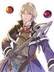 Rule 34 | 1boy, belt, black coat, black gloves, blonde hair, cloak, closed mouth, coat, collared shirt, eyeball, falcom, glaring, gloves, holding, holding weapon, hugo fact, isa (peien516), looking at viewer, male focus, orb, red ribbon, ribbon, shirt, solo, staff, weapon, white background, ys, ys origin