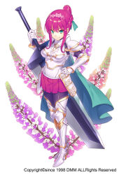 Rule 34 | 1girl, armor, armored boots, armored dress, black pantyhose, boots, braid, floral background, flower, flower knight girl, full body, gauntlets, gloves, greatsword, green eyes, grey footwear, grin, hair bun, hand on own hip, huge weapon, legs together, looking at viewer, lupinus (flower knight girl), armored boots, metal gloves, miniskirt, name connection, object namesake, official art, pantyhose, pleated skirt, red hair, red skirt, short hair, single hair bun, skirt, smile, solo, standing, sugimeno, sword, thigh boots, thighhighs, weapon