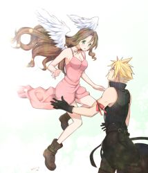 Rule 34 | 1boy, 1girl, aerith gainsborough, angel wings, arm ribbon, bare arms, blonde hair, blush, boots, breasts, brown hair, choker, cleavage, cloud strife, dress, final fantasy, final fantasy vii, final fantasy vii advent children, flying, full body, gloves, green eyes, hair down, jacket, unworn jacket, krudears, long dress, long hair, medium breasts, outstretched arms, parted bangs, parted lips, pink dress, ribbon, sidelocks, sleeveless, sleeveless turtleneck, spiked hair, strap, suspenders, turtleneck, unbuttoned dress, upper body, wavy hair, white background, white wings, wings