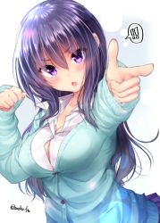 Rule 34 | !, !!, 1girl, aqua cardigan, blue cardigan, blush, breasts, cardigan, chestnut mouth, cleavage, collarbone, collared shirt, dress shirt, fingernails, foreshortening, hair between eyes, large breasts, long hair, long sleeves, mokufuu, nail polish, original, outstretched arm, parted lips, pink nails, pleated skirt, pointing, purple eyes, purple hair, purple skirt, school uniform, shirt, skirt, sleeves past wrists, solo, very long hair, white background, white shirt