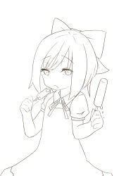 Rule 34 | bad id, bad pixiv id, bow, cirno, dual wielding, food, greyscale, hair bow, highres, holding, lineart, monochrome, pokachu, popsicle, short hair, solo, touhou