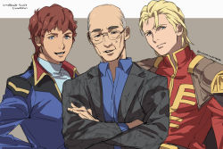 Rule 34 | 3boys, amuro ray, blonde hair, blue eyes, blue jacket, blue shirt, brown hair, char&#039;s counterattack, char aznable, collared shirt, copyright name, crossed arms, glasses, gundam, highres, jacket, male focus, military, military uniform, mole, multiple boys, old, old man, open mouth, real life, red jacket, ryukusou, shirt, smile, tomino yoshiyuki, uniform, zeon