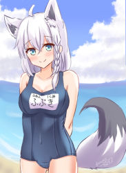 Rule 34 | 1girl, ahoge, animal ear fluff, animal ears, arms behind back, blush, braid, breasts, chitose tomo, cloud, cloudy sky, collarbone, commentary request, day, fox ears, fox girl, fox tail, green eyes, hair between eyes, hololive, long hair, looking at viewer, medium breasts, ocean, old school swimsuit, outdoors, school swimsuit, shirakami fubuki, sidelocks, signature, single braid, sky, smile, solo, swimsuit, tail, virtual youtuber, white hair