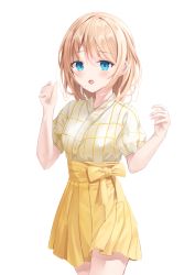 Rule 34 | 1girl, :o, blonde hair, blue eyes, blush, collared shirt, hands up, highres, leepy, looking at viewer, open mouth, original, pleated skirt, shirt, short hair, short sleeves, simple background, skirt, solo, standing, white background, white shirt, yellow skirt