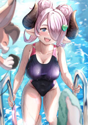 Rule 34 | 1girl, blush, breasts, cleavage, competition swimsuit, covered navel, double bun, draph, granblue fantasy, hair bun, hair over one eye, highleg, highres, horns, large breasts, light purple hair, long hair, multicolored clothes, multicolored eyes, multicolored swimsuit, narmaya (granblue fantasy), navel, on ladder, one-piece swimsuit, pizzicato il, pointy ears, pool, pool ladder, poolside, pov, stopwatch, swimsuit, thighs, towel, two-tone swimsuit, vyrn (granblue fantasy), watch, wet, wet clothes, wet swimsuit