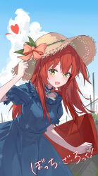 Rule 34 | 1girl, :d, blue dress, blue sky, blush, bocchi the rock!, breasts, cloud, commentary, commentary request, copyright name, cowboy shot, day, dress, green eyes, hair between eyes, hand up, hat, highres, holding, holding clothes, holding hat, kita ikuyo, leaning forward, long hair, looking at viewer, neck ribbon, open mouth, origami42169025, outdoors, puffy short sleeves, puffy sleeves, red bag, red hair, ribbon, short sleeves, sky, small breasts, smile, solo, standing, straw hat, sun hat, white ribbon