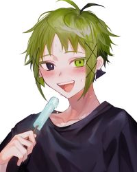Rule 34 | 1boy, androgynous, antenna hair, black eyes, black shirt, blush, collarbone, commentary, earrings, fang, food, green eyes, green hair, hair ornament, heterochromia, highres, holding, jewelry, looking at viewer, male focus, open mouth, original, popsicle, shirt, simple background, solo, symbol-only commentary, teeth, upper body, upper teeth only, white background, x hair ornament, zaso