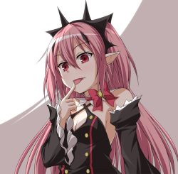 Rule 34 | 10s, 1girl, :p, breasts, cleavage, detached sleeves, fang, fang out, finger to mouth, krul tepes, kyuutou (kyuutouryuu), long hair, open mouth, owari no seraph, pink hair, pointy ears, red eyes, small breasts, solo, tongue, tongue out