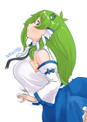 Rule 34 | 1girl, antenna hair, blue bow, blue skirt, bow, breasts, closed mouth, collared shirt, commentary request, cowboy shot, dated, detached sleeves, expressionless, frog hair ornament, from side, green eyes, green hair, hair between eyes, hair ornament, kei jiei, kochiya sanae, large breasts, long hair, looking at viewer, looking to the side, medium bangs, profile, shirt, sideboob, sidelocks, simple background, single hair tube, skirt, sleeve bow, sleeveless, sleeveless shirt, snake hair ornament, solo, touhou, white background, white shirt, white sleeves