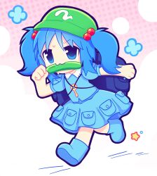 Rule 34 | 1girl, backpack, bag, blue eyes, blue footwear, blue hair, blue shirt, blue skirt, chibi, commentary, cucumber, english commentary, flat cap, food in mouth, full body, green hat, hair bobbles, hair ornament, hat, highres, kawashiro nitori, key, medium hair, mouth hold, puffy short sleeves, puffy sleeves, running, shirt, short sleeves, short twintails, sidelocks, simple background, skirt, skirt set, solo, star (symbol), touhou, twintails, zipuppie