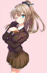 Rule 34 | 10s, 1girl, aldehyde, aqua eyes, bad id, bad pixiv id, cannon, hair ornament, jacket, kantai collection, kumano (kancolle), light brown hair, one eye closed, pleated skirt, ponytail, shirt, skirt, smile, solo, wink