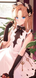 Rule 34 | 1girl, alternate costume, azur lane, bag, black gloves, blonde hair, blue eyes, blush, closed mouth, dress, enmaided, gloves, hand up, highres, holding, holding bag, indoors, leaf, long hair, looking at viewer, maid, maid headdress, official alternate costume, official art, parted bangs, plant, sleeveless, sleeveless dress, smile, solo, twirling hair, valentine, vanguard (azur lane), vanguard (half-hearted masquerade) (azur lane), white dress, window