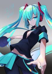 Rule 34 | 1girl, 2021, absurdres, aqua eyes, aqua hair, aqua nails, aqua necktie, belt pouch, black pants, black shirt, breasts, cleavage, collared shirt, cowboy shot, dated, frown, gradient background, grey background, hatsune miku, headset, highres, long hair, megaphone, nail polish, necktie, pants, partially unzipped, pompmaker1, pouch, shirt, small breasts, solo, twintails, very long hair, vocaloid