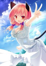 Rule 34 | 1girl, :d, animal ears, armpit peek, blue sky, blush, bow, breasts, cat ears, cat girl, cat tail, cloud, cloudy sky, day, dress, dutch angle, from side, hair bow, large breasts, looking at viewer, low twintails, minatsuki alumi, open mouth, original, outdoors, outstretched arm, pink hair, purple bow, red eyes, short sleeves, sky, smile, solo, sundress, tail, twintails, v, white dress, wind, wind lift