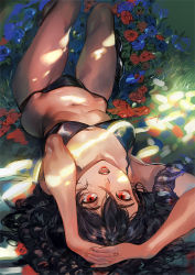 Rule 34 | 1girl, arms up, bikini, black bikini, black hair, blue flower, blue rose, grabbing another&#039;s breast, breasts, collarbone, dappled sunlight, day, flower, grabbing, highres, long hair, looking at viewer, lying, nail polish, navel, on back, open mouth, original, outdoors, own hands together, red eyes, red flower, red lips, red nails, red rose, rose, signature, small breasts, solo, stomach, sunlight, swimsuit, thighs, umishima senbon
