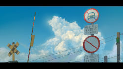 Rule 34 | absurdres, blue sky, boom barrier, cloud, commentary request, day, highres, letterboxed, no humans, original, outdoors, power lines, railroad crossing, road sign, scenery, sign, sky, translation request, tsubosan, utility pole