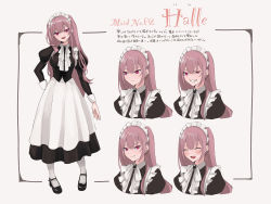 Rule 34 | 1girl, absurdres, commentary request, dress, ear piercing, earrings, expression chart, expressions, frilled dress, frills, full body, hair between eyes, highres, jewelry, long hair, long sleeves, maid, maid headdress, mary janes, mole, mole under eye, mole under mouth, open mouth, original, piercing, pink hair, puffy sleeves, red eyes, sh (sh1030f), shoes, sleeve cuffs, smile, smirk, solo, translation request, white background