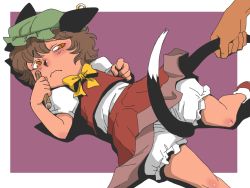 Rule 34 | 1girl, animal ears, between legs, bloomers, brown eyes, brown hair, cat ears, cat girl, cat tail, chen, child, earrings, female focus, hat, holding another&#039;s tail, jewelry, lying, multiple tails, on back, onikobe rin, orange eyes, skirt, slit pupils, solo focus, tail, tail between legs, tail grab, touhou, underwear