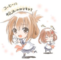 Rule 34 | 10s, 2girls, blush stickers, brown eyes, brown hair, chibi, commentary request, drinking, closed eyes, folded ponytail, fujishima shinnosuke, hair ornament, hairclip, ikazuchi (kancolle), inazuma (kancolle), kantai collection, looking at viewer, milk, multiple girls, neckerchief, open mouth, school uniform, serafuku, short hair, skirt, translation request