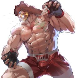 Rule 34 | 1boy, arshavin, beard, blonde hair, blue eyes, bulge, chest tattoo, facial hair, fang, fighting stance, gloves, hat, highres, large pectorals, looking to the side, male focus, manly, mature male, muscular, muscular male, nipples, pectorals, pocket bravery, pubic hair, shorts, simple background, smirk, solo, sweat, sweatdrop, tamazukiyama, tattoo, teeth, upper body, white background