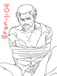 Rule 34 | 1boy, bare shoulders, bound, collarbone, facial hair, male focus, monochrome, mustache, open clothes, open shirt, outline, rope, shirt, solo, strike witches, sweat, tied up, torinone, trevor maloney, world witches series