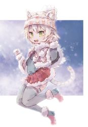 Rule 34 | 10s, 1girl, animal ear fluff, animal ears, beanie, blue background, blush, boots, capelet, cat (kemono friends), cat ears, cat girl, cat tail, drawstring, ears through headwear, extra ears, fang, fangs, full body, fur-trimmed capelet, fur-trimmed footwear, fur-trimmed skirt, fur collar, fur trim, gloves, green eyes, green thighhighs, grey thighhighs, hat, heart, heart print, highres, jumping, kemono friends, kemono friends festival, kolshica, long sleeves, multicolored background, multicolored footwear, open mouth, outdoors, plaid, plaid skirt, pom pom (clothes), red skirt, short hair, skirt, solo, tail, thighhighs, white background, white gloves, white hair, white hat, winter clothes, zettai ryouiki
