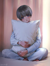 Rule 34 | 1boy, absurdres, artist name, barefoot, bed sheet, black hair, bloom, blue eyes, blush, child, curtains, full body, head tilt, highres, indian style, indoors, looking at viewer, male focus, hugging object, on bed, original, pajamas, parted lips, pillow, pillow hug, rifuru, sitting, solo, twitter username