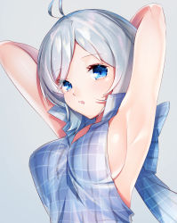 Rule 34 | .live, 1girl, ahoge, armpits, arms behind head, ayamori mimi, blue eyes, breasts, cleavage, dress, from side, highres, looking at viewer, plaid, plaid dress, short hair, sideboob, dennou shoujo siro, sleeveless, standing, upper body, virtual youtuber, white hair