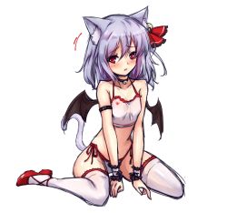 Rule 34 | 1girl, amagi (amagi626), animal ears, bare arms, bare shoulders, bat wings, bell, blush, breasts, cat ears, cat tail, collar, collarbone, commentary request, hair bell, hair between eyes, hair ornament, hair ribbon, kemonomimi mode, light purple hair, looking at viewer, medium hair, midriff, neck bell, panties, red eyes, red footwear, red ribbon, remilia scarlet, ribbon, side-tie panties, simple background, sitting, small breasts, solo, tail, thighhighs, thighs, touhou, underwear, wariza, white background, white thighhighs, wings, wrist cuffs