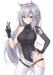 Rule 34 | 1girl, animal ears, aqua eyes, armpit peek, bare shoulders, black gloves, black leotard, braid, breasts, closed mouth, collarbone, covered navel, cowboy shot, dated, expressionless, floating hair, french braid, girls&#039; frontline, gloves, gluteal fold, hand up, holding, ksvk (girls&#039; frontline), large breasts, leotard, long hair, looking at viewer, mechanical arms, mole, mole on crotch, pants, ribbed leotard, signature, silver hair, simple background, single mechanical arm, solo, standing, thigh strap, thighs, twitter username, unel, very long hair, white background, white pants