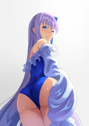 Rule 34 | 1girl, absurdres, ass, back, bare shoulders, blue eyes, blue ribbon, blush, breasts, fate/grand order, fate (series), frilled one-piece swimsuit, frills, gradient background, hair ribbon, highleg, highleg swimsuit, highres, long hair, long sleeves, looking at viewer, looking back, meltryllis, meltryllis (fate), meltryllis (swimsuit lancer) (fate), meltryllis (swimsuit lancer) (second ascension) (fate), off-shoulder one-piece swimsuit, off shoulder, one-piece swimsuit, puffy sleeves, purple hair, ribbon, sleeves past fingers, sleeves past wrists, small breasts, swimsuit, ugo (artist), very long hair, wet, white ribbon