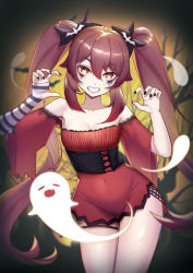 Rule 34 | 1girl, absurdres, black nails, breasts, brown hair, claw pose, cleavage, cowboy shot, dress, fangs, fingerless gloves, genshin impact, ghost, gloves, halloween, halloween costume, highres, hu tao (genshin impact), lingwuye, looking at viewer, makeup, nail polish, red dress, red eyes, small breasts, smile, strapless, strapless dress, striped clothes, striped gloves, symbol-shaped pupils, teeth, twintails, wide sleeves