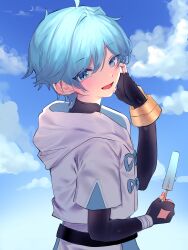 Rule 34 | 1boy, blue eyes, blue hair, blue sky, chinese clothes, chongyun (genshin impact), cloud, commentary, crescent moon, english commentary, fingerless gloves, food, genshin impact, gloves, hair between eyes, hand on own face, happy birthday, highres, holding, hood, long sleeves, looking at viewer, male focus, moon, open mouth, orenjineko14, short hair, simple background, sky, smile, solo, upper body