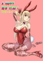 Rule 34 | absurdres, animal ears, armpits, blonde hair, bow, bowtie, breasts, brown eyes, cleavage, colored skin, detached collar, detached sleeves, earrings, fairy tail, hair between eyes, hair bow, happy new year, high heels, highres, jewelry, large breasts, leotard, lucy heartfilia, mashima hiro, navel, new year, playboy bunny, rabbit ears, rabbit tail, red leotard, seductive smile, smile, tail, thick thighs, thighhighs, thighs, white skin, wide hips