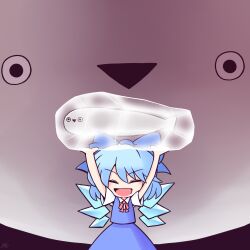 Rule 34 | 1girl, 216, :d, blue bow, blue hair, blue skirt, blue vest, blush, bow, bowtie, cirno, closed eyes, collared shirt, commentary request, cowboy shot, fish, flat chest, frozen, hair bow, ice, ice wings, medium bangs, open mouth, red bow, red bowtie, sacabambaspis, shirt, short hair, skirt, skirt set, smile, solo, touhou, triangle mouth, vest, white shirt, wings
