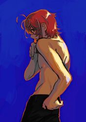 Rule 34 | 1boy, amemura ramuda, black pants, blue background, commentary, from side, highres, hypnosis mic, looking at viewer, male focus, marski, pants, red hair, skinny, solo, topless male