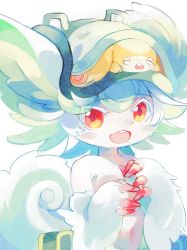 Rule 34 | 1girl, animal ears, blush stickers, chachi (azuzu), commentary request, curled tail, furrification, furry, green hair, green hat, hands up, hat, in hat, looking at viewer, made in abyss, meinya (made in abyss), open mouth, pouch, prushka (furry), red eyes, simple background, smile, solo, tail, teeth, topless, upper body, upper teeth only, white background, white fur