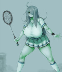 Rule 34 | 1girl, 2b-ge, ahoge, badminton racket, badminton uniform, bags under eyes, blush, breasts, female focus, green theme, grey background, hair over one eye, holding, holding racket, huge breasts, legs, limited palette, long hair, mei (2b-ge), miniskirt, original, playing sports, racket, shirt, skirt, socks, solo, spot color, thick thighs, thighs, uniform, white shirt, wide hips