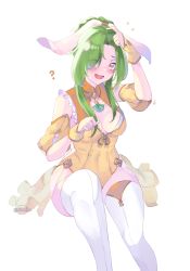 Rule 34 | 1girl, ?, absurdres, animal ears, blush, breasts, cleavage, collarbone, commentary, covered navel, detached sleeves, elincia ridell crimea, english commentary, eyes visible through hair, fake animal ears, feet out of frame, fire emblem, fire emblem: path of radiance, fire emblem heroes, flower, green hair, hand on own head, highres, leotard, looking at viewer, nintendo, open mouth, rabbit ears, ritence, sidelocks, simple background, smile, solo, tareme, thick thighs, thighhighs, thighs, tongue, twitter username, white background, white thighhighs, wrist cuffs, yellow eyes