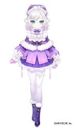 Rule 34 | ars almal, blue eyes, blush, boots, bow, capelet, commentary, full body, fur-trimmed boots, fur-trimmed capelet, fur trim, gradient hair, hair ornament, hairclip, mittens, multicolored hair, natsuiro xx, nijisanji, official art, pantyhose, pink hair, pink mittens, purple bow, purple capelet, purple footwear, purple headwear, purple skirt, short hair, skirt, smile, snowflake hair ornament, virtual youtuber, white hair