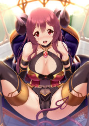 Rule 34 | 1girl, :d, black panties, blush, breasts, brooch, butter-t, cleavage, cleavage cutout, clothing cutout, demon girl, heart, heart hands, horns, io (princess connect!), jewelry, large breasts, long hair, looking at viewer, open mouth, panties, princess connect!, red eyes, red hair, sitting, smile, solo, spread legs, thighhighs, underwear, wide spread legs