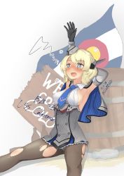 Rule 34 | 1girl, @ @, absurdres, black pantyhose, blonde hair, blue eyes, blue necktie, breasts, capelet, colorado (kancolle), colorado state flag, commentary request, dress, drooling, elbow gloves, garrison cap, gloves, grey background, grey dress, hangover, hat, headgear, highres, kantai collection, large breasts, m1a1carbine, necktie, open mouth, panties, panties under pantyhose, pantyhose, short hair, sideboob, sleeveless, solo, torn clothes, torn pantyhose, underwear