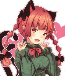 Rule 34 | 1girl, animal ears, bad id, bad twitter id, blush, braid, cat ears, cat tail, fangs, heart, kaenbyou rin, oimo (imoyoukan), red eyes, red hair, solo, tail, touhou, twin braids