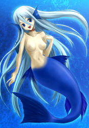 Rule 34 | 1girl, blue eyes, blue hair, blue theme, breasts, collarbone, completely nude, fins, full body, gills, head fins, hekikai no aion, konowa, long hair, looking at viewer, matching hair/eyes, mermaid, monster girl, navel, nude, open mouth, scar, scar on neck, sharp teeth, sheila (hekikai no aion), smile, solo, tail, teeth, underwater, very long hair